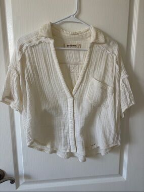 Free People Cream Gauze Button-Front Crop Blouse